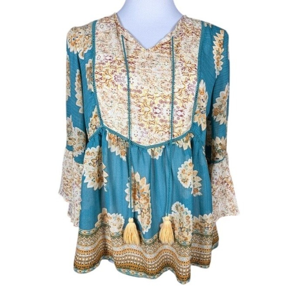Vintage America Blues Teal Floral Paisley Boho Tassel Peasant Blouse Medium